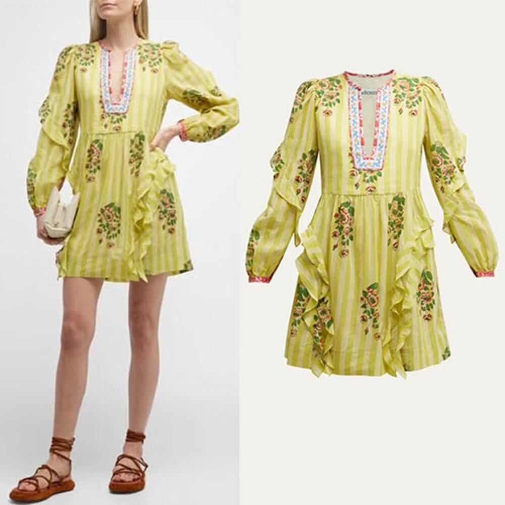 NWT Alix of Bohemia Winslow Floral Striped Lined Mini Dress Lemon Size: Medium